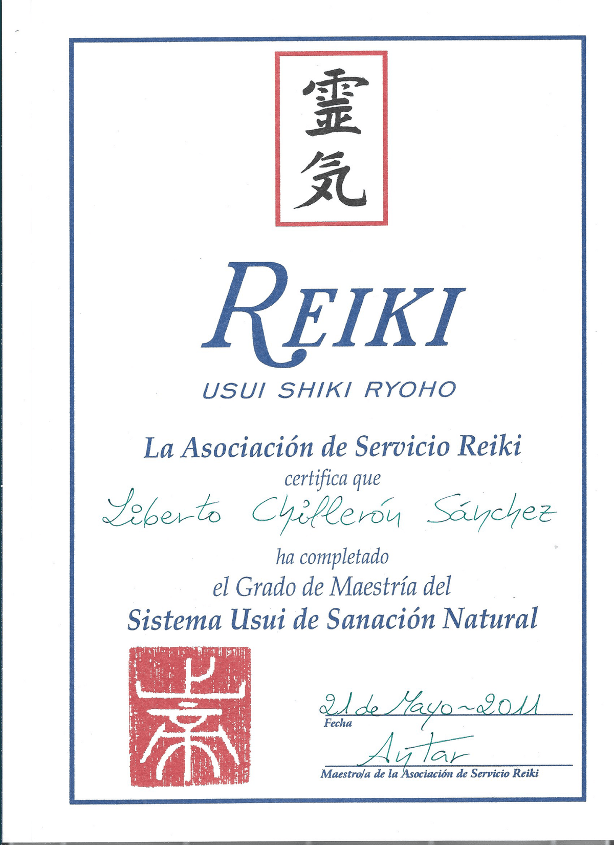 Certificado de Maestría Reiki